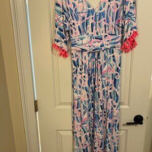 Lilly Pulitzer M Blue REEL NAUTI PARIGI MAXI DRESS Tassel Trim Sailboats